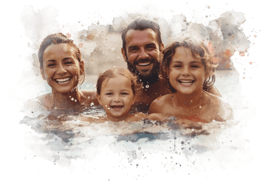 Familia feliz reunida na piscina